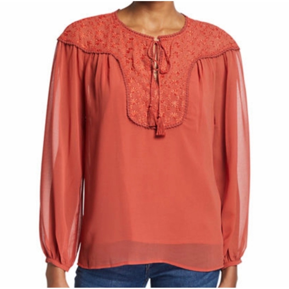 Neiman Marcus Rust Orange Embroidered Chiffon Peasant Blouse Size S Camisole